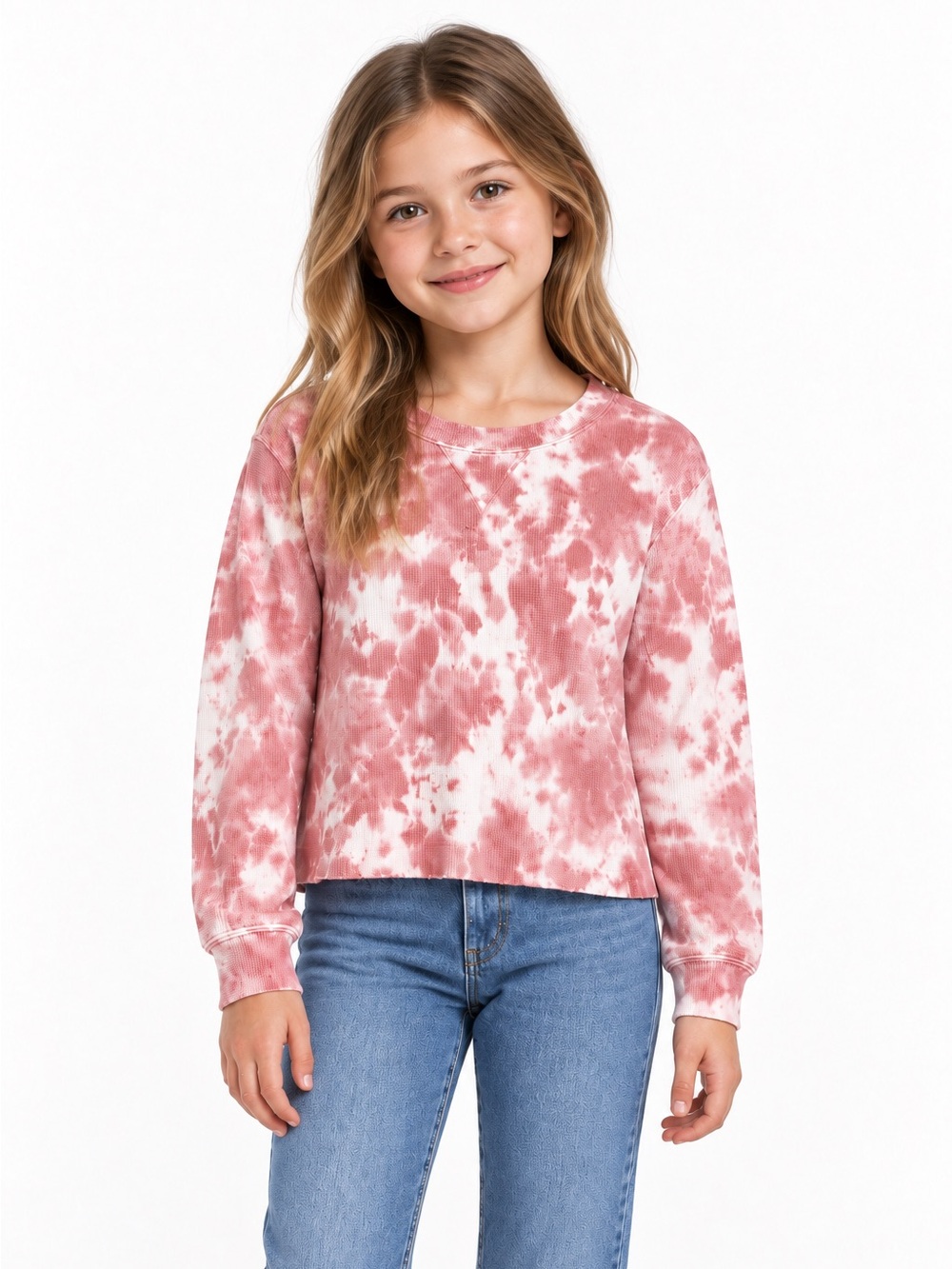 Splendid Girls Size 8 Pink White Tie Dye Waffle Knit Long Sleeve Top Y2K